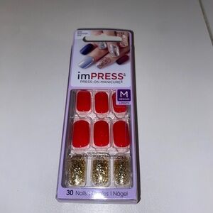imPRESS Vibrant Red and Glittering Gold Press-On Nails